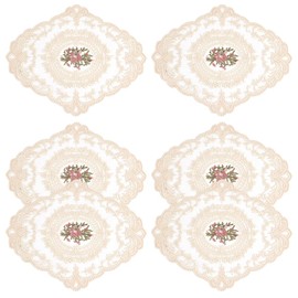 BENECREAT レースプレイスマット 6枚26.6ｘ21.4cm ヴィンテージ レースカップコースター ドイリーマット 花柄刺繍 花瓶敷き 滑り止め テーブルマット ランチョンマット プレースマット ベージュ