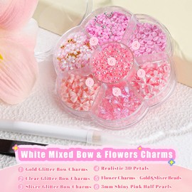 Kikonoke 420PCS Bow & Flower Nail Charms Kit with Half Pearls, 3D Acrylic Nail Gems Rhinestones, Pickup Tools for Nail Art Design, DIY Crafts, Valentine Gifts (Mixed Style Bow+Flower Pink)