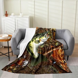 Erosebridal Bass Fish Fleece Blanket Queen 90x90 Pike Fish Fishing Hunting Rod Throw Blanket for Men Women Fisherman Fishing Lover,Retro Wooden Branches Fuzzy Blanket,Rustic Farmhouse Flannel Blanket