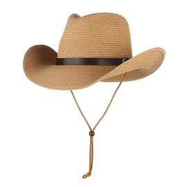 ITODA Straw Panama Hat Classic Western Cowboy Hat Wide Brim Beach Hat UPF 50+ Summer Fedora Trilby Hat Packable Outdoor Travel Hat with Chin Strap for Men Women Khaki