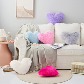 MOOWOO Plush Fluffy Heart Pillow, Fuzzy Throw Pillows for Mom Gifts,Solid Color, Zipper Close Decorative Throw Pillow for Valentines Day (White)