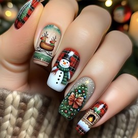 Cute Christmas Press on Nails Medium Square Fake Nails Brown Gingerbread Man Acrylic False Nails with Chocolate House Designs Glue on Nails Winter Glossy Stick on Nails Xmas Nail Art for Women 24Pcs