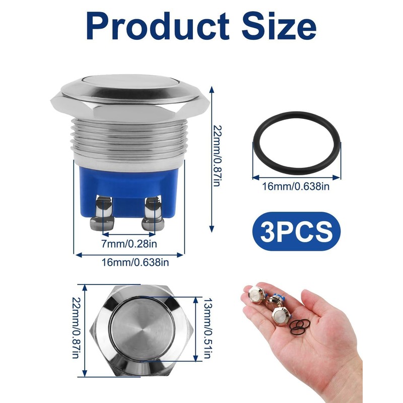 3 pieces 19 mm stainless steel flat head button, IP65