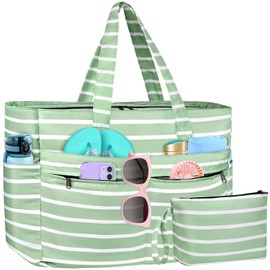 WACCET XXL Family Beach Bag, Large Waterproof Beach Bag for Women, with Zip, Foldable Lightweight Swimming Bag with Multiple Pockets, Beach Bag, Tote Bag for Beach, Travel, Holiday, Pool, Light Green