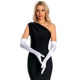 chrumeshi Long White Satin Opera Elbow Gloves Women Formal Silk 1920s Gatsby (white)