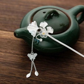 Ginkgo Leaf Flower Hair Pins Chinese Chopstick Hair Accessories for Women Long Hair Simple Hairpin (Silvery, One Size)
