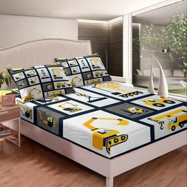 Loussiesd Boys' Construction Fitted Sheet 90 x 200 cm Children's Cartoon Machines Truck Bed Sheet Set for Girls Bedroom Construction Site Car Vehicle Decor Fitted Sheet with 1 Pillowcase