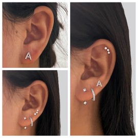 Umeher 4 Pairs Initial Stud Earrings Set for Women Hypoallergenic 925 Sterling Silver Post Clear Cubic Zirconia Hoop Jackets Dainty Earrings Stacks for Multiple Piercing,letter K,Silver