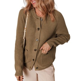 Dokotoo Womens Cardigan Sweaters Casual Round Neck Long Sleeve Solid Button Down Cardigans Coats with Pockets Cute Basic Cable Knit Open Front Fall Fashion Clothes Ladies Jumper Tops M Brown