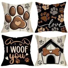 Fjfz Dog Paw Print Home Decorative Throw Pillow Covers 18 x 18 Set of 4, Black Dog House I Woof You Porch Outdoor Home Decor, Bone Farmhouse Rustic Couch Cushion Case Pet Lover Gifts