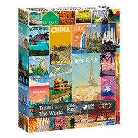 Vintage World Travel Puzzles for Adults 1000 Piece, Colosseum Eiffel Tower Landscape Poster Puzzle Landmarks, Scenic Jigsaw Puzzles for Adults Paris Italy Scenery