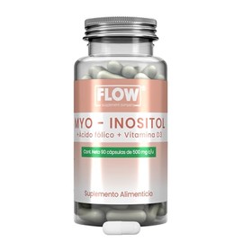Flow Supplements | Myo-Inositol + Ácido Fólico + Vitamina D3-90 Cápsulas de 500 mg - Suplemento Alimenticio con Inositol y Vitaminas - Sin Azúcar, Sin Gluten y Libre de Aditivos