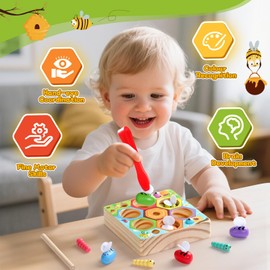 Montessori Toy from 2 Years 2 3 Years 2-in-1 Magnetic Game Fishing Game with 6 Bees 5 Caterpillars Wooden Toy Children's Toy Games Motor Skills Toy Gift Girls Boys Birthday