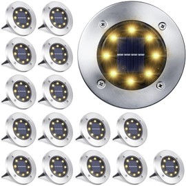 LYHOPE - Luz solar de suelo al aire libre, 16 paquetes de 8 luces LED de disco solar impermeables, luces de jardín en el suelo, luces de paisaje para césped, patio, cubierta, pasarela (blanco cálido)