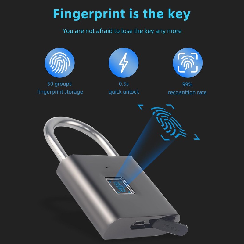 KENRONE Keyless Portable USB Charging Fingerprint Lock,Smart Padlock Quick Unlock