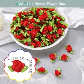 uxcell 500 Pcs Mini Ribbon Roses Flowers Bows for Crafts, 15mm/0.6" Dia Small Artificial Ornament Applique Flower Bows for DIY Wedding Birthday Festival Decoration, Red