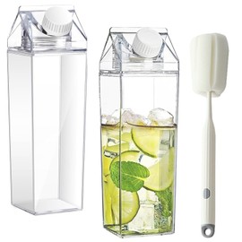 Pack of 2 Milk Carton Water Bottle, 1000 ml Transparent Milk Carton, High Capacity Clear Water Bottle, Reusable Square Milk Bottle, Juice Container Bottle with Brush, for Camping