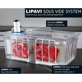 LIPAVI Sous Vide System Model NXC20-UNIR - with C20 Container, one N20X Rack and an Universal lid - fits virtually any sous vide machine up to 2.755 inches (70mm) in diameter