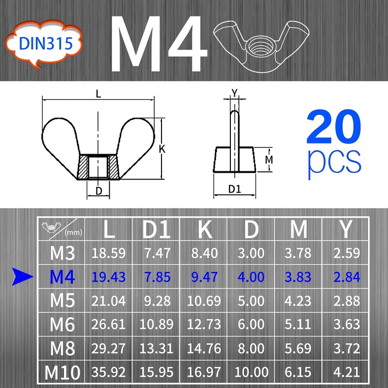 SWTYExt Wing Nuts M4, Pack of 20 Wing Nuts DIN