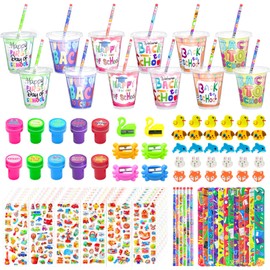 Tinrbip 30 Set Back to School Stationery Gifts, First Day of School Decoration Include Cup, Pencil, Stamp, Sticker, Slap Bracelets, Sharpener, Eraser, lids, Card, Welcome to School Party for Students