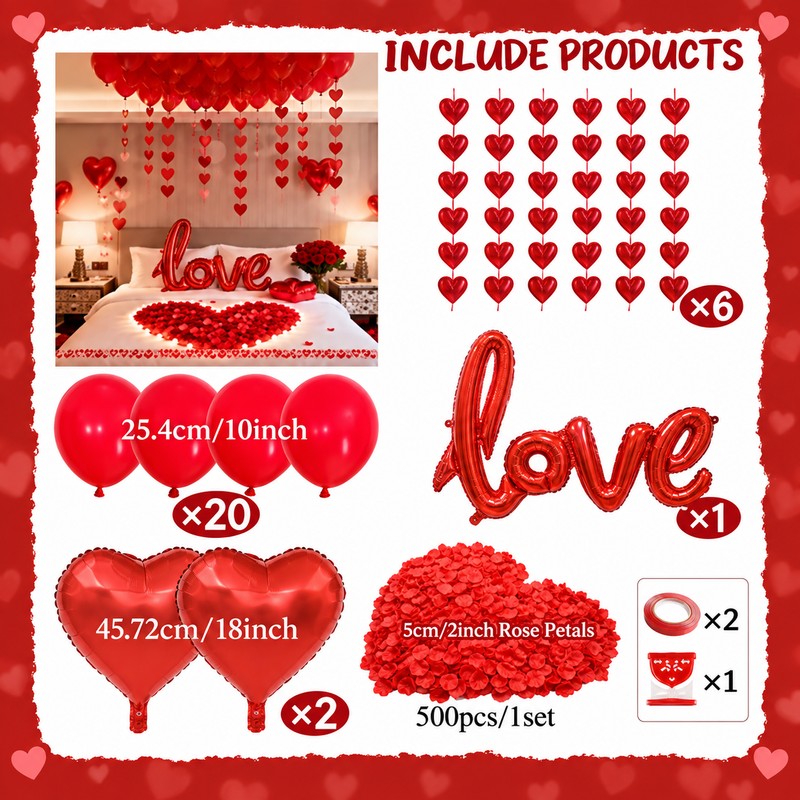 Romantic Red Heart Balloon Decoration Set with Hanging Heart Strands,