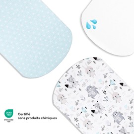 Lovely Hippo 2 x Fitted Sheets 100% Cotton + 1 x Mattress Protector 100% Waterproof Material - Set 3X - Compatible Chicco, Kinderkraft (Blue Animals, 60 x 80 cm)