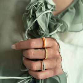 espere Dainty Opal Half Eternity Band with Coral Gem | 18K Gold Plated Sterling Silver Dainty Linear Opal Stacking Ring | Minimalist October Birthstone Jewelry Gift for Her [Size 6]