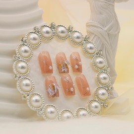 Kuiini Mov Short Press On Nails, 24PCS Fake Nails Cherry Blossom French Tip, Smooth Squoval Nail Press, Rhinestone Fake Nail Kit in 10 Sizes, Women's Nail Art Nail Kit