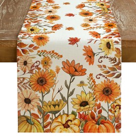 GEEORY Fall Pumpkins and Sunflowers Table Runner 13x90 Inch, Maple Leaves Farmhouse Thanksgiving Decor for Kitchen, Dining, Indoor/Outdoor Holiday Dinner Party Orange GT161-90