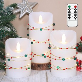 Holiday Flameless LED Candle Christmas Candles with Red Green Beads String Light Battery Operated Flickering Candlestick for Christmas Party Wedding Home Decoration