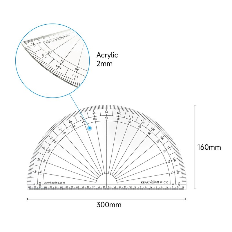 Kearing Large 30cm Clear Protractor for School, Woodworking, Office Supplies,