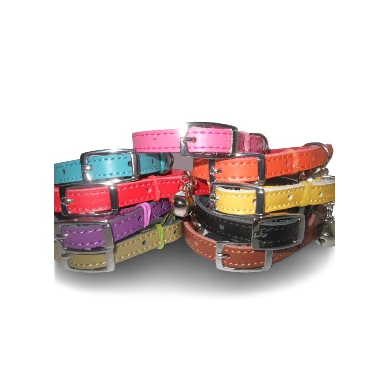 Leather cat collar, safety elastic, bell, metal buckle (Red)