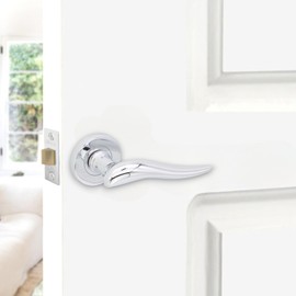 Infinity Decor Polished Chrome Fiorella Lever on Round Rose Door Handles Set - Solid Brass Passage Pull Handles for Interior & Exterior Doors