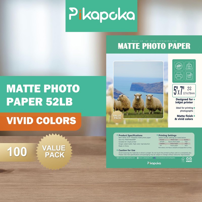 Pikapoka 5x7 Matte Photo Paper for Inkjet Printer, 200gsm/52lb Single