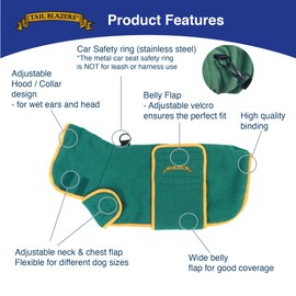 TAIL BLAZERS™ Super Absorbent Dog Drying Coat. Double Layer Microfibre Dry Robe with Car Safety D Ring. Towel Robe Pet Dryer Keep Dogs Dry and Warm. Camping and Beach Accessories. Machine Washable. XL