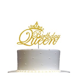 Decoración para tartas de cumpleaños Queen con purpurina, ideas de decoración de fiesta de cumpleaños, decoración de alta calidad, purpurina resistente de doble cara, palo acrílico. Fabricado en Estados Unidos (dorado)