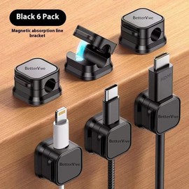 6 Pack Magnetic Cable Organizer Clips – Adjustable Cord Holder for Desk, Wall, Nightstand, Car – Adhesive Wire Management for USB, Charging, Power Cables – Under Desk Cable Organizer Clips (Black)