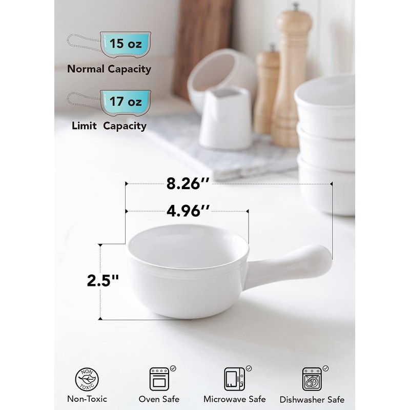 LE TAUCI Soup Bowls with Handle, 15 Oz Ceramic French
