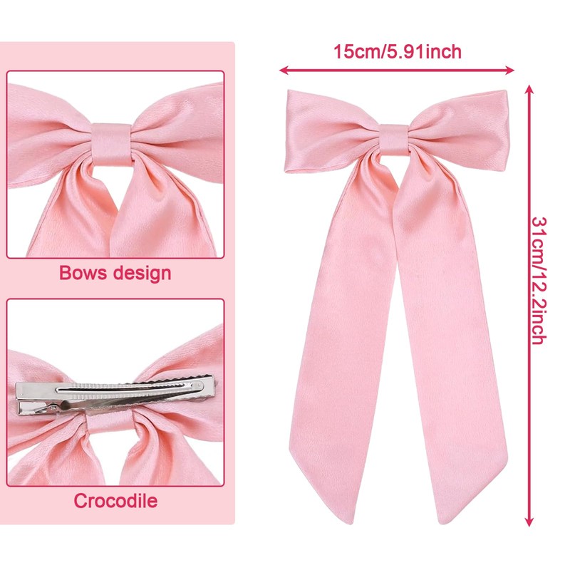 Pink & White Hair Bows - Long Tail Ponytail Clips