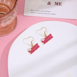 Cute Western Cowgirl Banner Earrings Enamel Statement Dangle Jewelry Rodeo Cowboy Accessories, Gold Tone, 2 inch Length, Lightweight 0.2 oz (Pink)