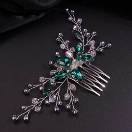 Teyglen Women Simple Green Crystal Bride Wedding Hair Comb Rhinestone Pearl Hair Pieces Hair Accessories for Bride Bridal Side Comb for Women Girls