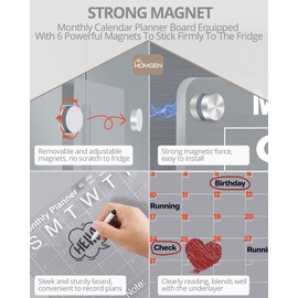 HOMGEN 1 Pack Acrylic Magnetic Fridge Board Durable Magnetic Fridge Calendar Clear Fridge Monthly Planner Dry Erase Schedule Planning Boards With 6 Dry Eraser Markers Pens for Family School Office etc