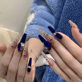 MISUD Press on Nails Long Coffin Fake Nails Glossy Glue on Nails Royal Blue Acrylic Nail Supplies Ballerina Artificial Nail Art Luxury Rhinestone Stick on False Nails with Design DIY 24 pcs