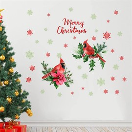 Christmas Cardinal Wall Stickers Decals,2023 New Year Red Birds Pine Branch Poinsettia Home Decor Art Gift, Birds Snowflakes Decals for Bedroom Showcase Office Winter Holiday Christmas Decoration