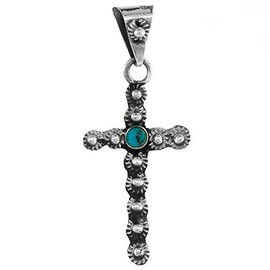 Sterling Silver Floral Cross Pendant w/Turquoise Bead Handmade 1 1/2 inch Tall, NO Chain Included