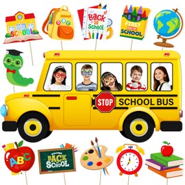Back to School Photo Props, 17Pcs Back to School Decorations Photo Props with School Bus Frame and First Day of School Photo Booth, School Bus Back to School Props for First Day of School Decorations