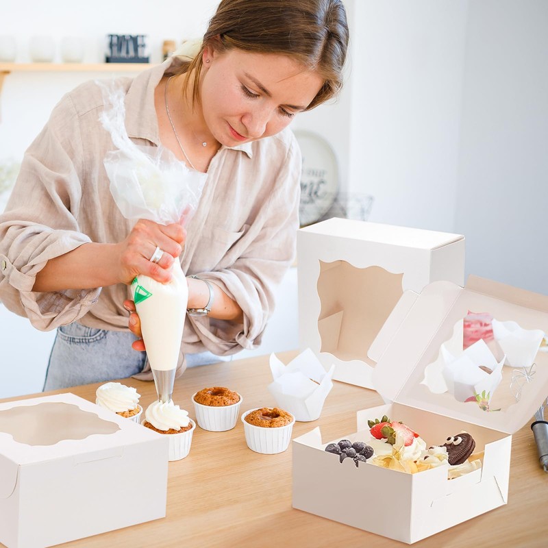 30pcs Cookie Boxes with Window, 6x6x3 Inches White Bakery Boxes,