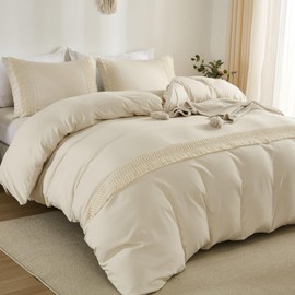 WONGS BEDDING Beige Duvet Cover Set King Bohemian Tassle Bedding Set Soft Washed Microfiber with Zipper Closure