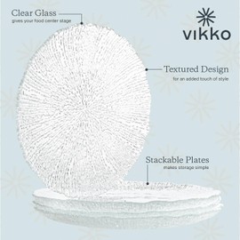 Vikko Salad Plate, Set of 6 Glass Plates, 8.5 Inch Dessert, Salad, Appetizer Plate, Elegant Textured Glass Design, Stackable Plates For Special Occasion, Dishwasher Safe