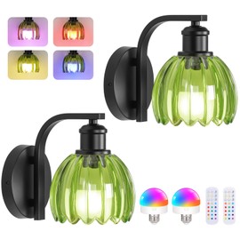 Rechargeable Battery Operated Wall Sconce Set of Two with Green Glass Lampshade, Wireless Wall Scone Decor with Remote Control, 15 Colors Black Wall Light for Bedside Hallway Bedroom Doorway
